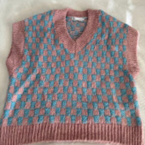 Zara Women’s Pink And Blue Checker Knit Sweater Vest Size M - Picture 1 of 4